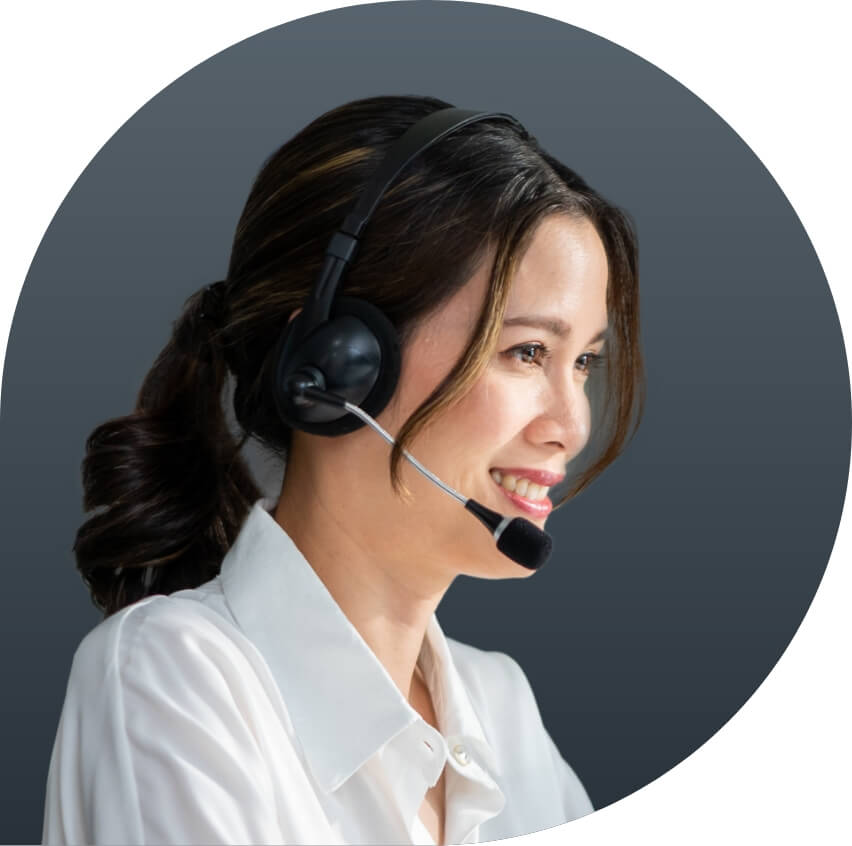 A call center agent with headset appearing happy and confident