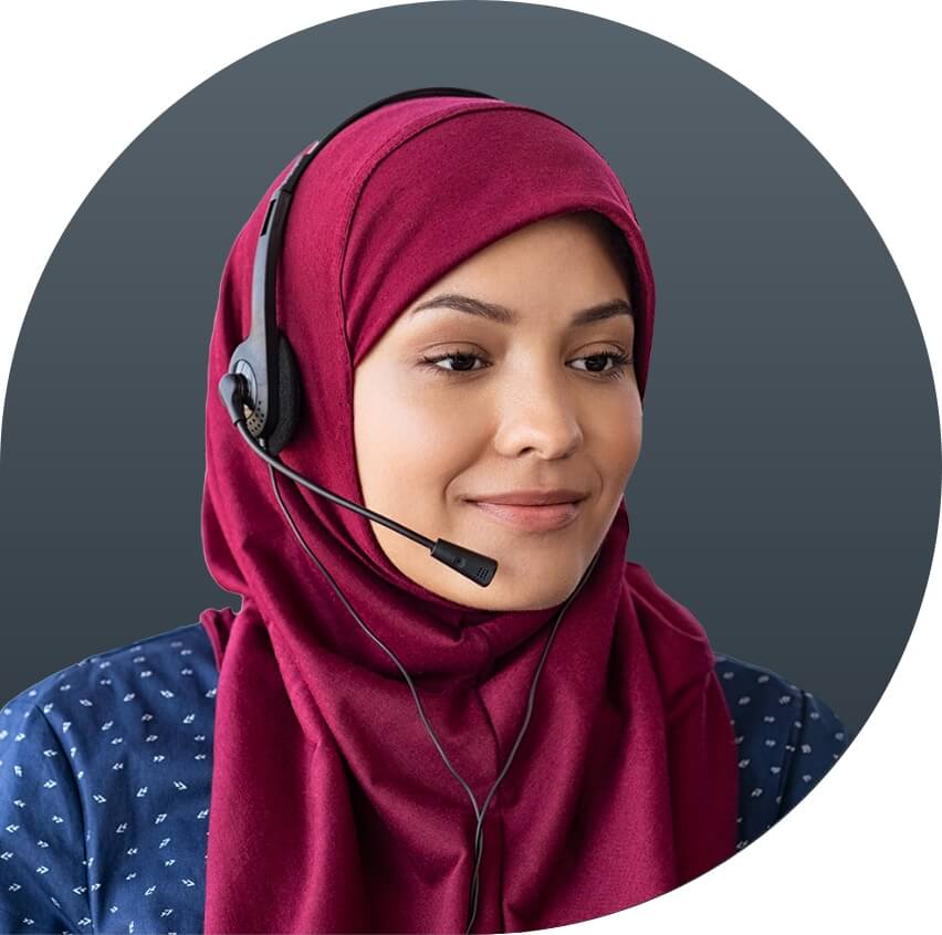 woman with a headset looking calm and confident